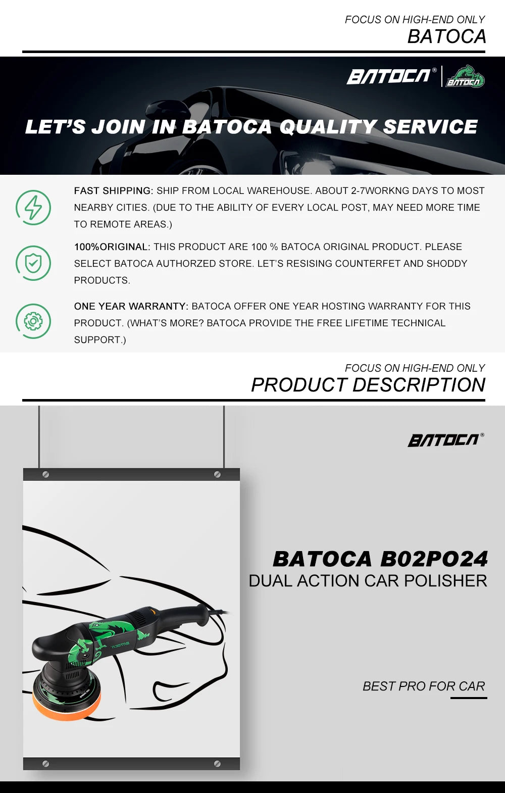 BATOCA 700W Dual Action Car Polisher 6Inch Car Polishing Machine Random Orbital Buffer Tool 6 Variable Speed DA Polisher