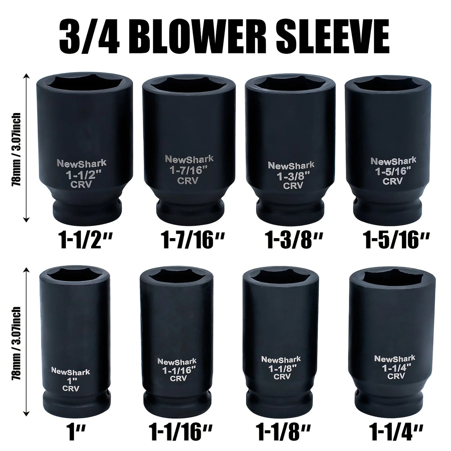 8 PCS Drive Deep Impact Socket Set, 6 Point,3/4 Blower Sleeve CRV, British system Deep Spindle Axle Nut Impact Socket Set