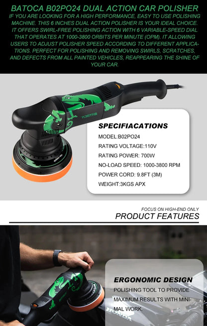 BATOCA 700W Dual Action Car Polisher 6Inch Car Polishing Machine Random Orbital Buffer Tool 6 Variable Speed DA Polisher