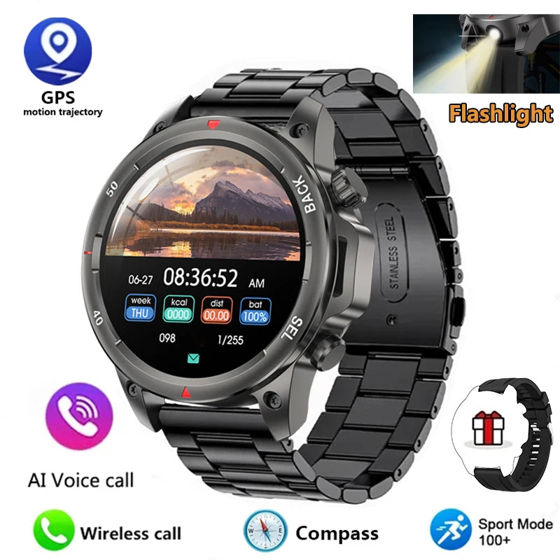 New high-end men's smart Bluetooth call smartwatch IP67 GPS sports fitness 410mAh large battery with flashlight smartwatch 2024