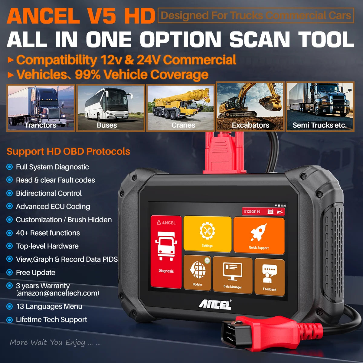 ANCEL V5 HD Heavy Duty Truck Diagnostic Tool All System ECU Coding BI-Directional OBD2 Truck Scanner PK ANCEL X7 HD