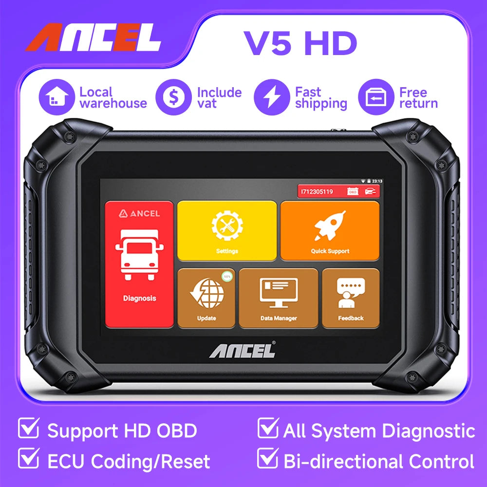 ANCEL V5 HD Heavy Duty Truck Diagnostic Tool All System ECU Coding BI-Directional OBD2 Truck Scanner PK ANCEL X7 HD