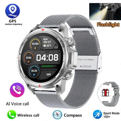 New high-end men's smart Bluetooth call smartwatch IP67 GPS sports fitness 410mAh large battery with flashlight smartwatch 2024