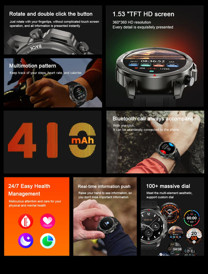 New high-end men's smart Bluetooth call smartwatch IP67 GPS sports fitness 410mAh large battery with flashlight smartwatch 2024