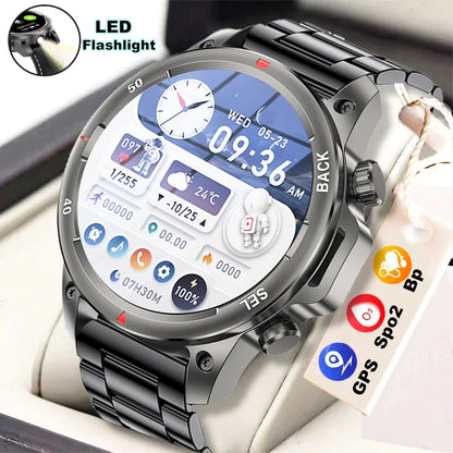 New high-end men's smart Bluetooth call smartwatch IP67 GPS sports fitness 410mAh large battery with flashlight smartwatch 2024