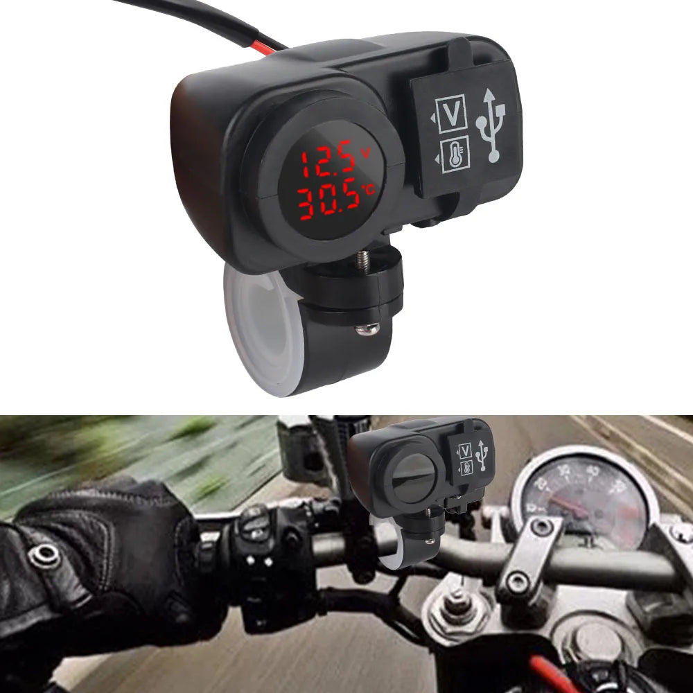 Motorcycle QC3.0 PD Charger Socket Accessories Digital Display USB Type-C Fast Charging Voltmeter Thermometer Charger Plug