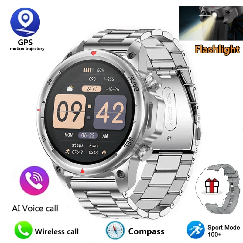 New high-end men's smart Bluetooth call smartwatch IP67 GPS sports fitness 410mAh large battery with flashlight smartwatch 2024